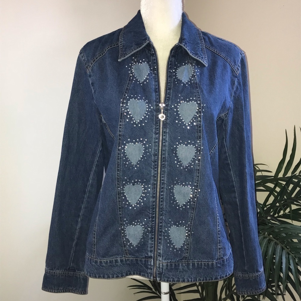 Cathy Daniel Zip Front Heart Crystal Denim Jacket